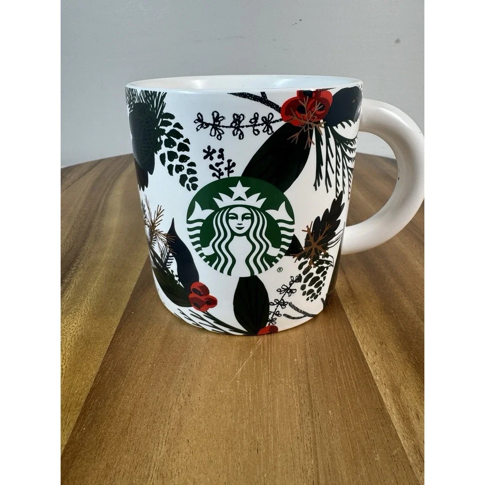 Starbucks Holiday Ceramic Mug 12 Oz White & Green With Red Festive Floral Print